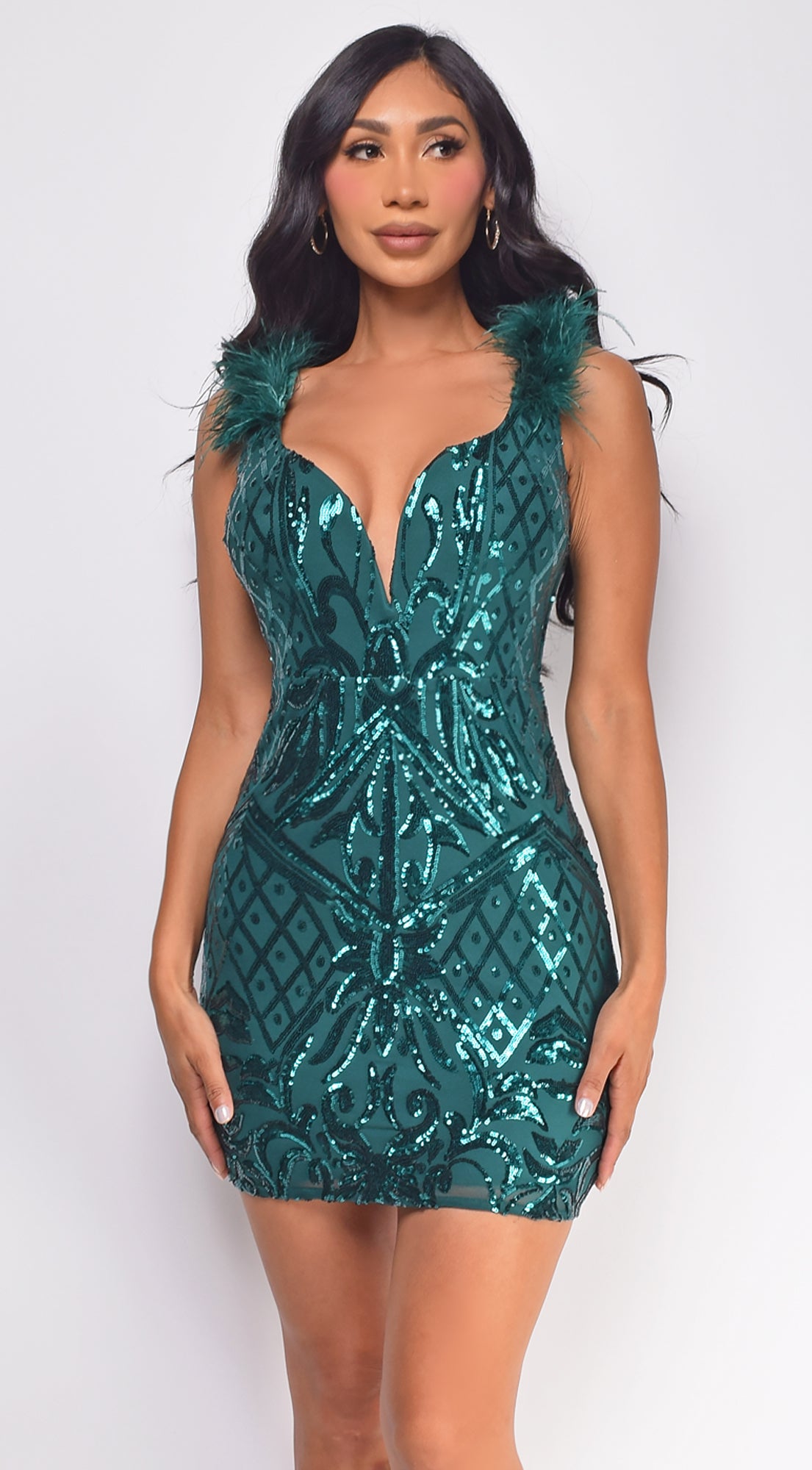 Nehir Green Sequin Pattern Feather Detail Mini Dress