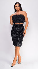 Petrinia Black Velvet Sequin Pencil Midi Skirt