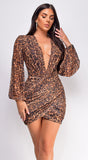 Deniz Brown Surplice Leopard Print Mini Dress