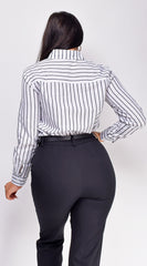 Lencia White Black Striped Button Down Top