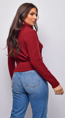 Gisella Cable Knit Turtle Neck Sweater Top in Burgundy side profile view on model