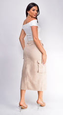 Sydney Denim Cargo Midi Skirt in Beige close-up of denim fabric