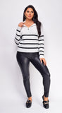Trina White Black Stripe Half Zip Knit Sweater