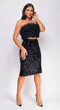 Petrinia Black Velvet Sequin Pencil Midi Skirt
