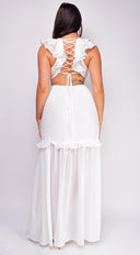 Behati White Ruffle Maxi Dress back view on model
