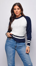 Tasha Color Block Long Cable Knit Long Sleeve Sweater Top in Cream close-up of ribbed knit texture