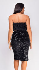 Petrinia Black Velvet Sequin Pencil Midi Skirt