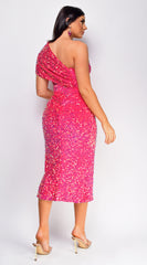 Sola Pink One Shoulder Velvet Sequin Midi Dress