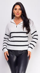 Trina White Black Stripe Half Zip Knit Sweater