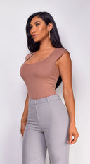 Hesper Basic Cap Sleeve Top in Brown side profile view on model