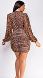 Deniz Brown Surplice Leopard Print Mini Dress
