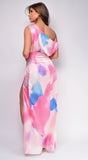 Aspen Pink Blue Multi Color Print One Shoulder Maxi Dress