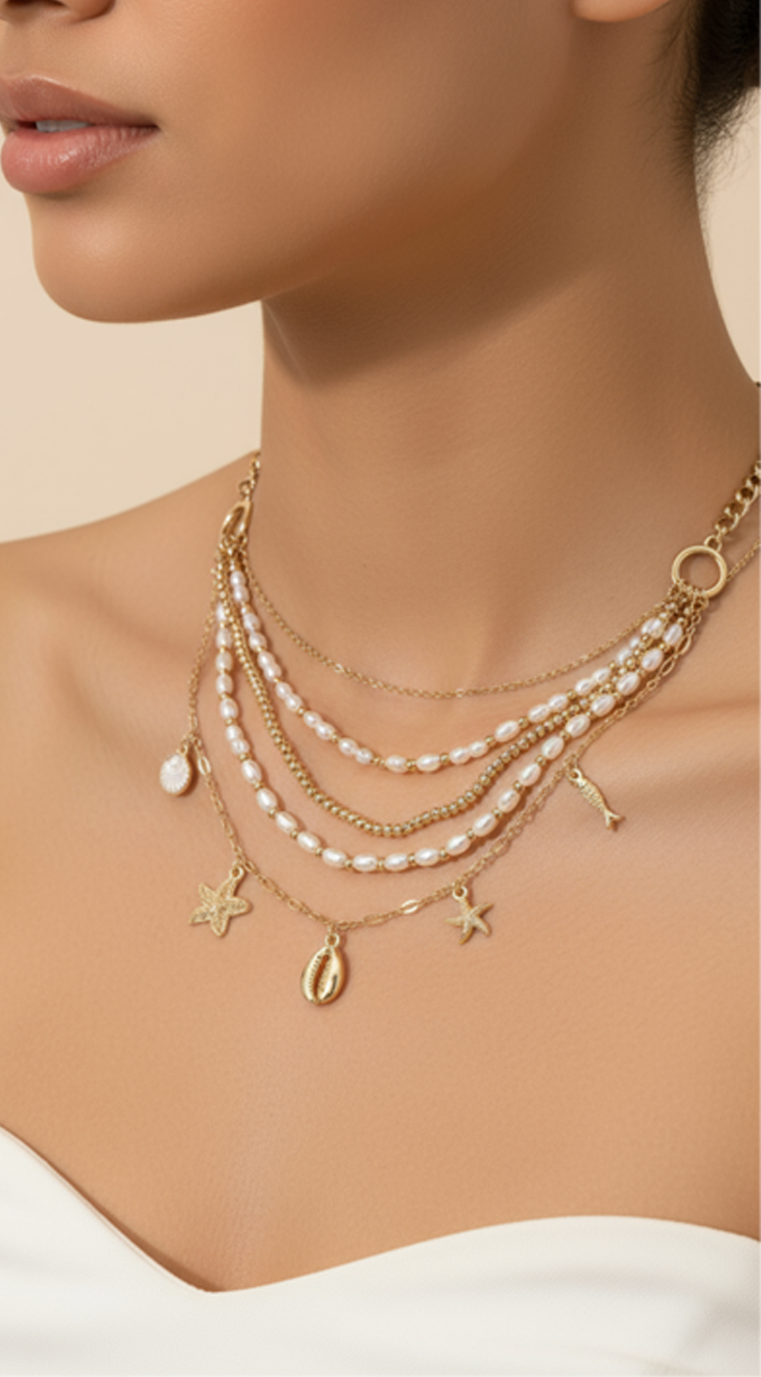 Starfish Shell Pearl Metal Ball Layered Necklace - Gold