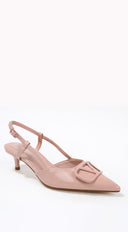 Paulina Sling back Kitten Heel in Beige close-up of heel and sole detail