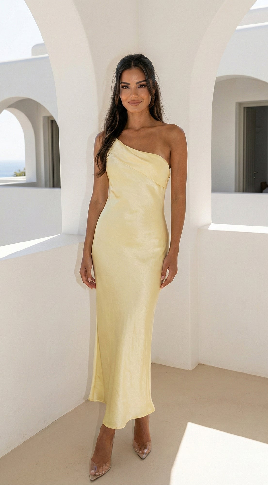 Valencia One Shoulder Satin Maxi Dress - Butter Yellow