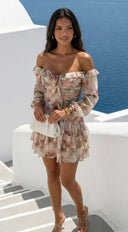 Sorrento Garden Floral Off Shoulder Ruffle Mini Dress - Beige Multi