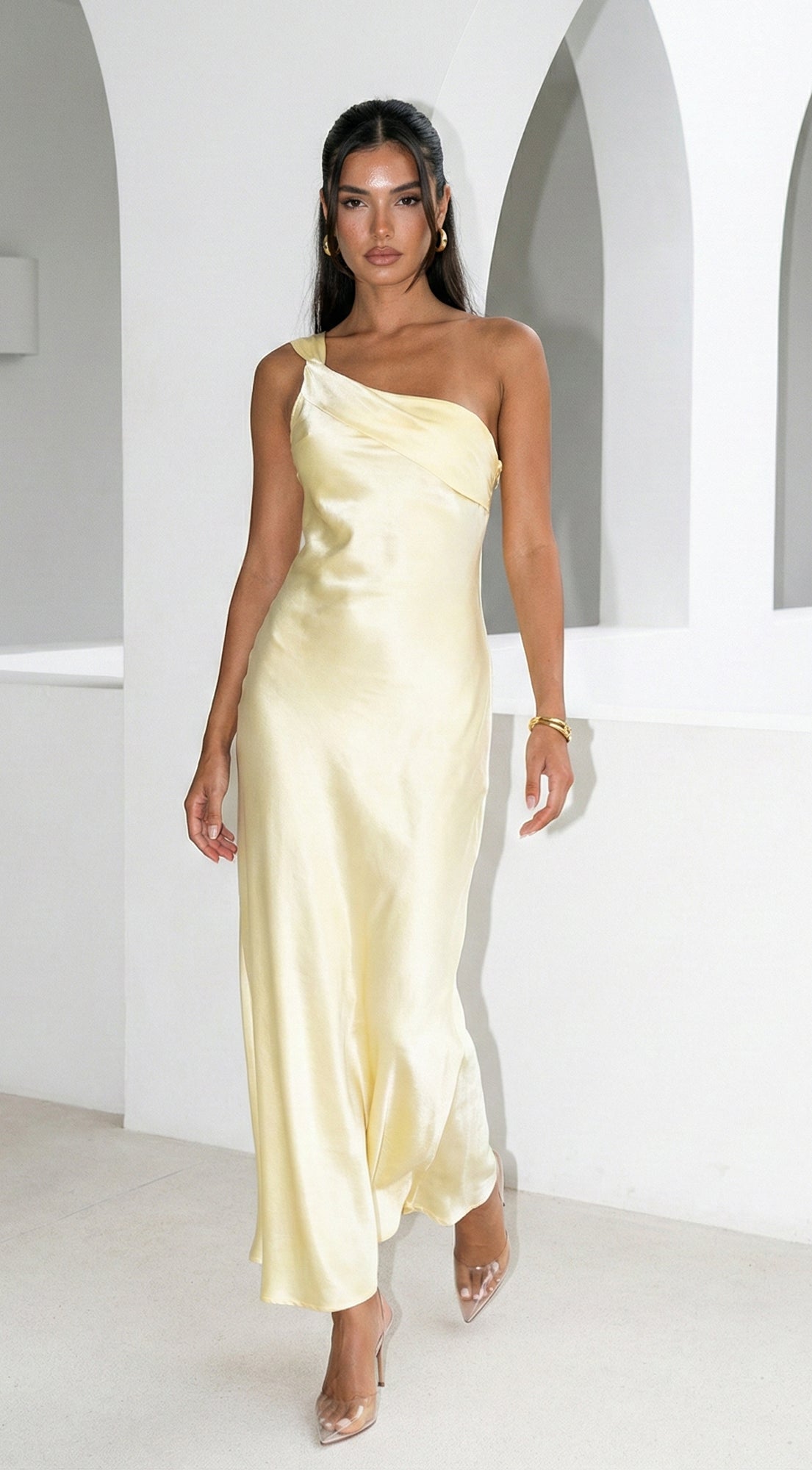 Valencia One Shoulder Satin Maxi Dress - Butter Yellow