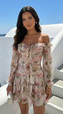 Sorrento Garden Floral Off Shoulder Ruffle Mini Dress - Beige Multi