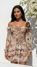 Sorrento Garden Floral Off Shoulder Ruffle Mini Dress - Beige Multi