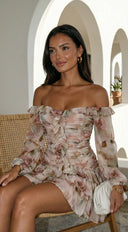 Sorrento Garden Floral Off Shoulder Ruffle Mini Dress - Beige Multi