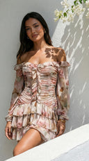 Sorrento Garden Floral Off Shoulder Ruffle Mini Dress - Beige Multi