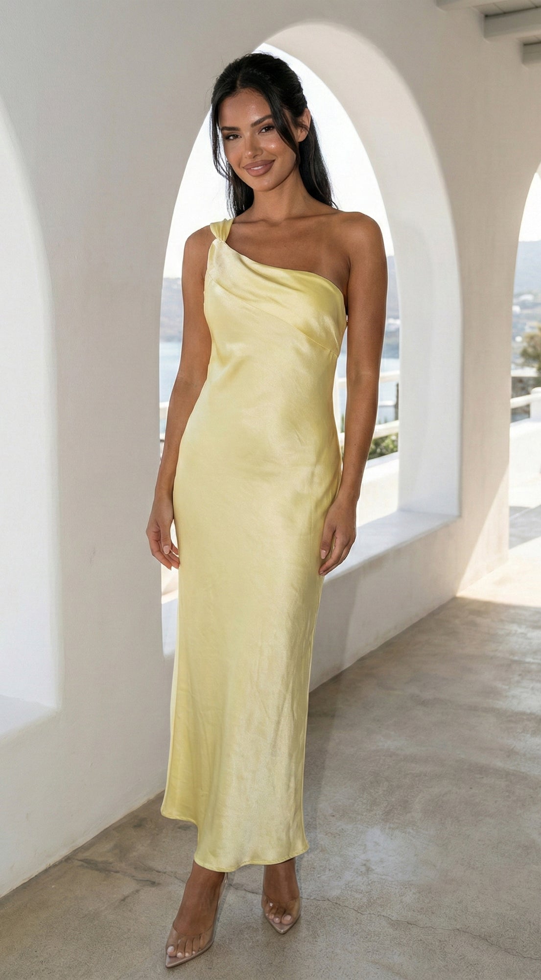 Valencia One Shoulder Satin Maxi Dress - Butter Yellow