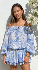 Bahama Floral Off Shoulder Ruffle Mini Dress - Blue