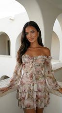 Sorrento Garden Floral Off Shoulder Ruffle Mini Dress - Beige Multi