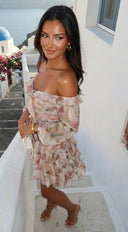 Sorrento Garden Floral Off Shoulder Ruffle Mini Dress - Beige Multi