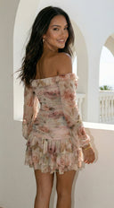 Sorrento Garden Floral Off Shoulder Ruffle Mini Dress - Beige Multi