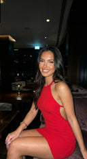 Olesya Open Back Ribbed Mini Dress - Red