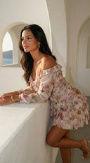 Sorrento Garden Floral Off Shoulder Ruffle Mini Dress - Beige Multi