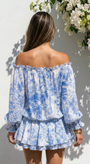 Bahama Floral Off Shoulder Ruffle Mini Dress - Blue