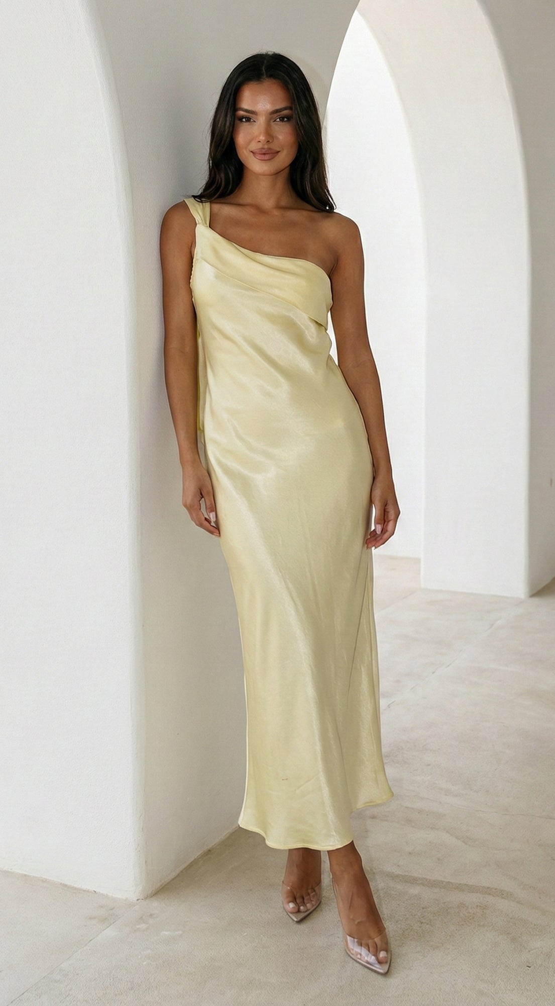 Valencia One Shoulder Satin Maxi Dress - Butter Yellow