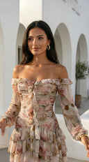 Sorrento Garden Floral Off Shoulder Ruffle Mini Dress - Beige Multi