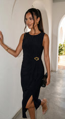 Aureva Pleated Gold Accent Midi Dress - Black