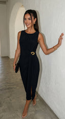 Aureva Pleated Gold Accent Midi Dress - Black