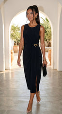 Aureva Pleated Gold Accent Midi Dress - Black