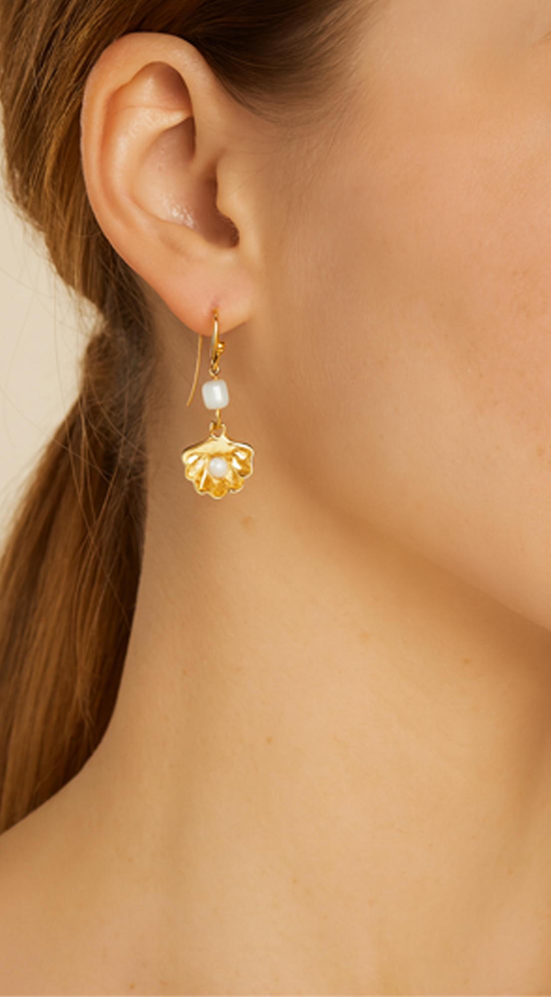 Clam & Pearl Dangle Hook Earrings - Gold