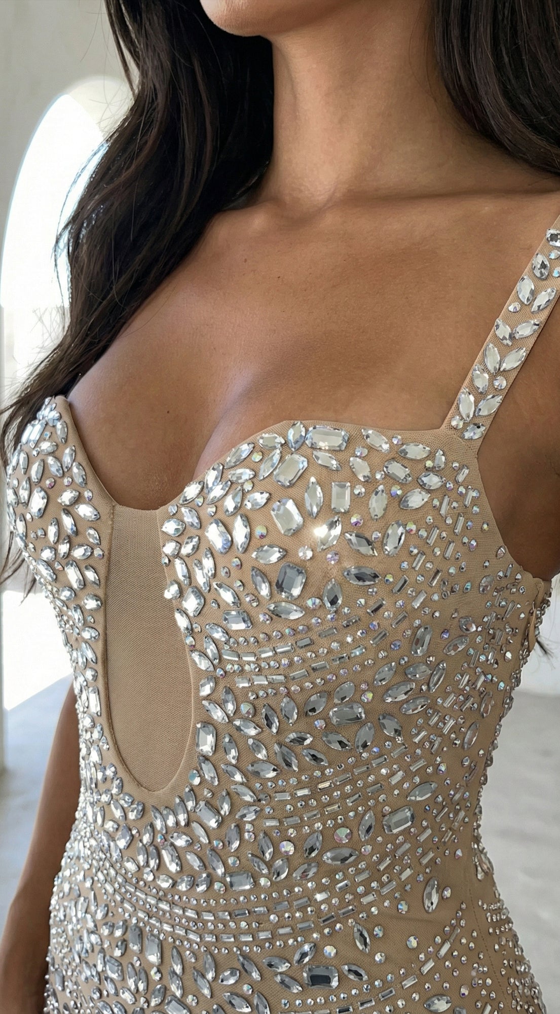 Celestara Rhinestone Cutout Maxi Dress - Beige