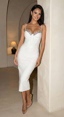 Selvara Crystal Bandage Midi Dress - Off White