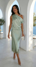 Alessara Satin Lace Off Shoulder Set - Sage Green