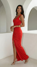 Marena Ruched Maxi Dress - Red