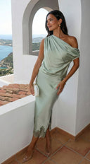 Alessara Satin Lace Off Shoulder Set - Sage Green