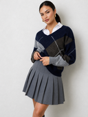 Noxley Argyle V Neck Long Sleeve Sweater - Navy