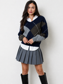 Noxley Argyle V Neck Long Sleeve Sweater - Navy