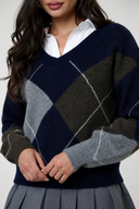 Noxley Argyle V Neck Long Sleeve Sweater - Navy