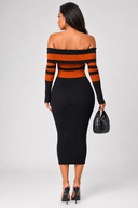 Robyn Stripe Ribbed Off Shoulder Midi Dress - Black