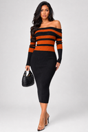 Robyn Stripe Ribbed Off Shoulder Midi Dress - Black