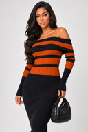 Robyn Stripe Ribbed Off Shoulder Midi Dress - Black